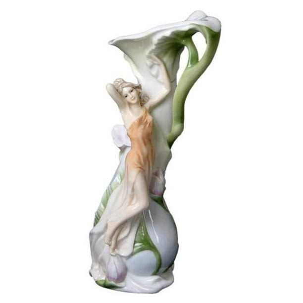 11.25 Inch White Ceramic Vase Stem Handle Maiden Figure Leans 
